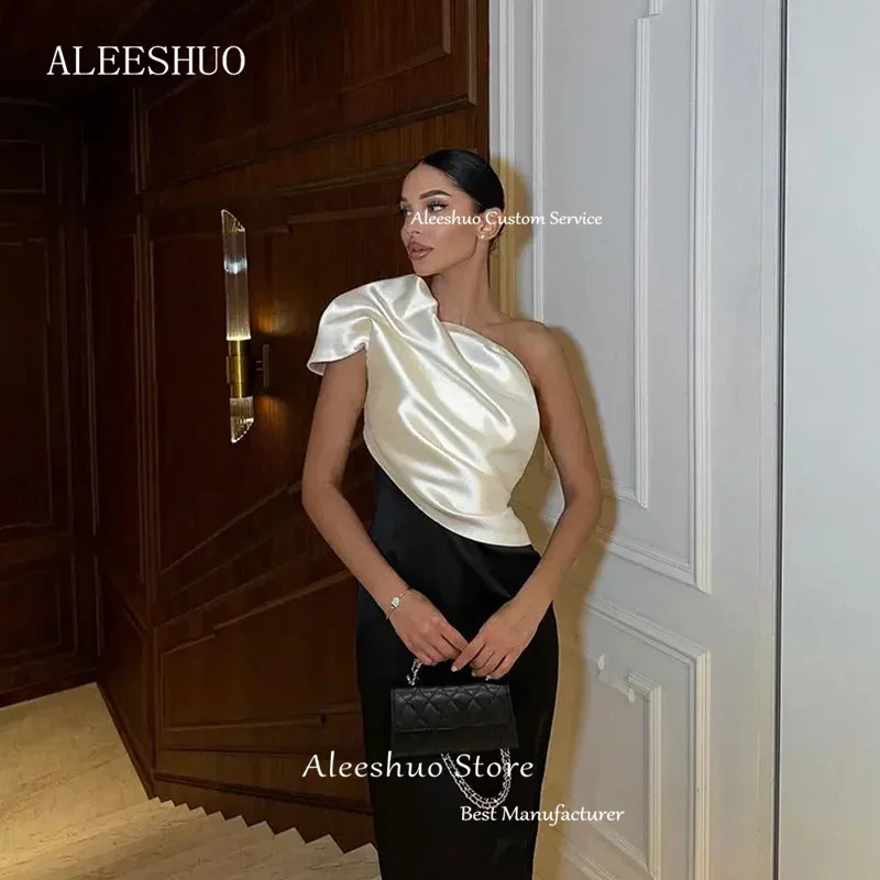 Aleeshuo Modern Black White Mermaid One Shoulder Sleeveless Vestidos Pleated Satin Prom Dress Sexy Tea-Length 2025 Customized