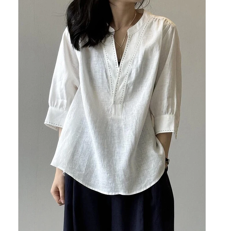 Linen V Neck White Shirts Three Quater Sleeve Loose Casual Fashion Tops Blouse Office Ladies Shirt