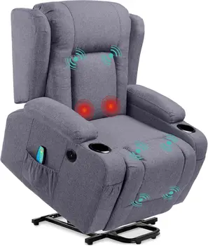 Image Modern Linen Electric Power Lift Chair, Recliner Massage Chair, Adjustable ,USB Port, Heat, Cupholders, Easy-to-Reach - Blue