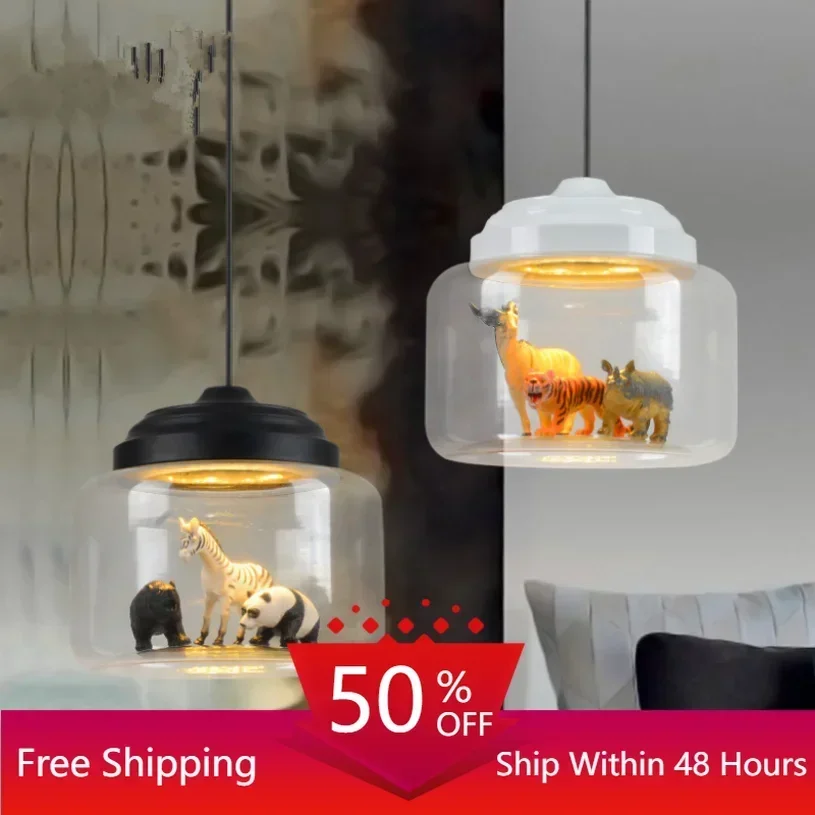 Cartoon Animal Glass Pendant Light for Kids Bedroom LED Bedside Hanging Lamp School Shop Decorative Ceiling Chandelier