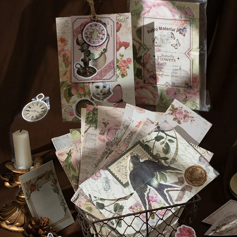 113 pcs Note paper tag bag Light retro plant 4 models flower Multi-material material notepad Note paper sticker envelope