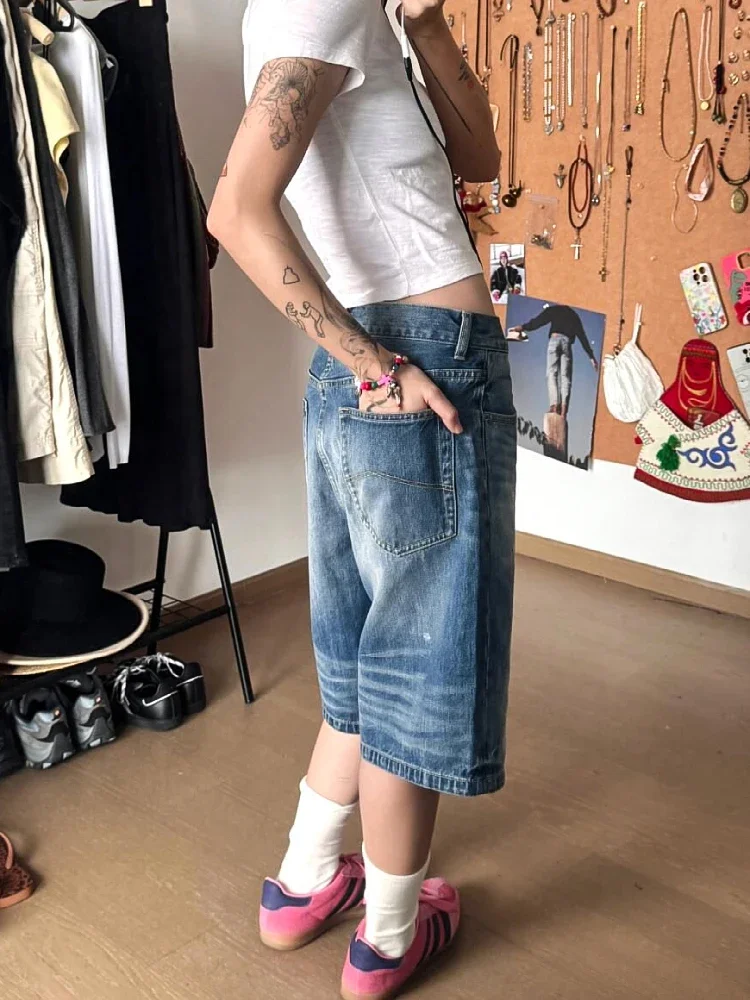 Retro Blue Denim Shorts Loose For Women  Fashion Casual Summer Knee Length Short Wide Leg Pants Baggy Jeans Jorts Teen Student