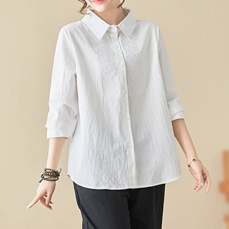 Women Long Sleeve Casual Shirt New Arrival 2024 Spring Vintage Style Solid Color Embroidery Loose Female Basics Tops B3559