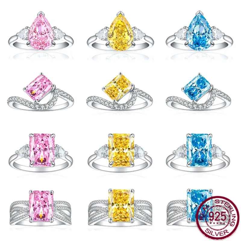 S925 sterling silver ring, flame ice flower cut color treasure ring, women's high carbon diamond zircon ring, exquisite jewelry
