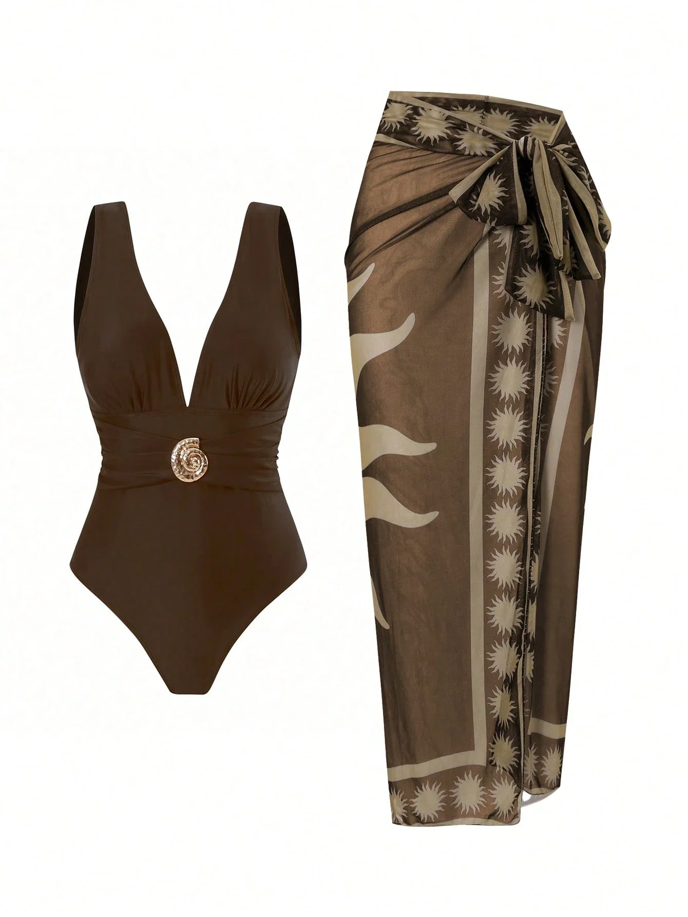 

Коричневый цельный купальник с принтованной сетчатой юбкой-накидкой для пляжа