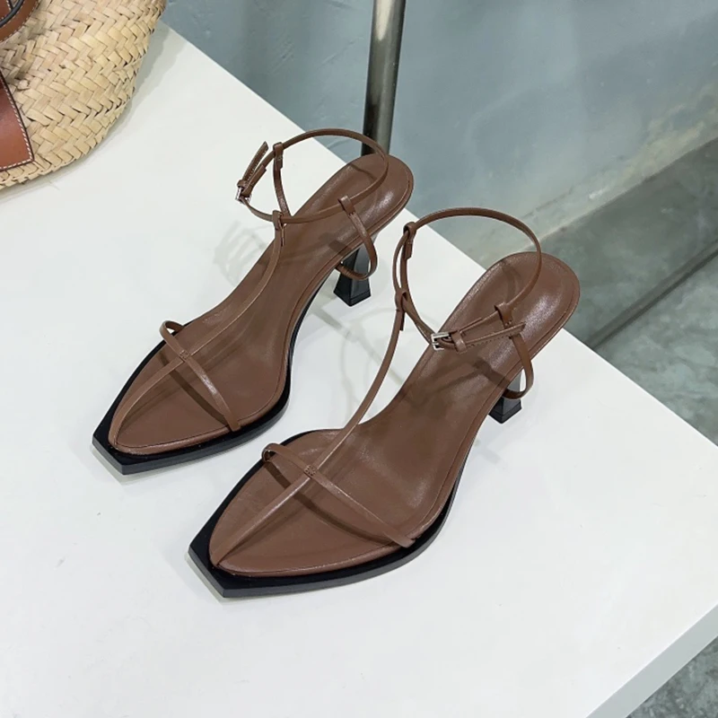 High Heel Women Sandal Small Square Toe Thin Heel T Strap Summer Shoe Narrow Band Design Buckle Roman Simple Style Sandals Women