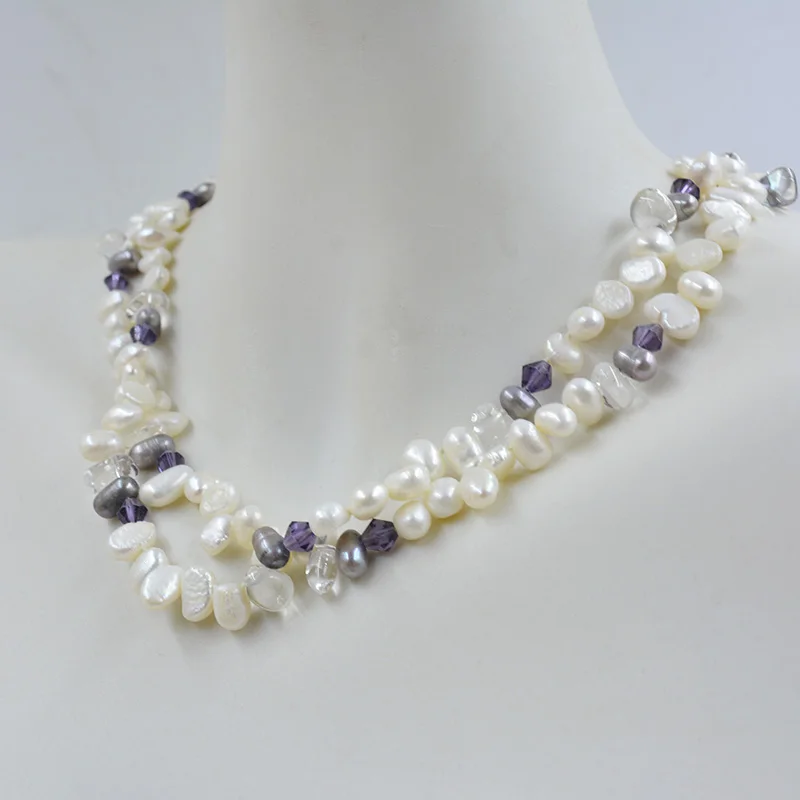 2 strands of 7MM AAA natural white Baroque pearl necklace. Classic Women's Most Beautiful Jewelry 45CM