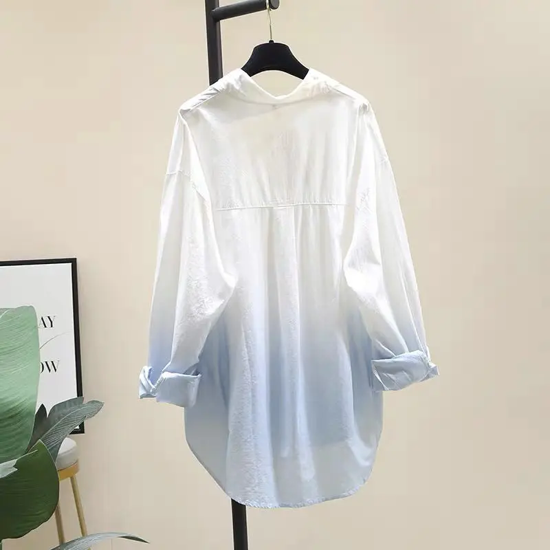 White Gradient Loose Blouse Spring New Long Sleeve Polo Neck Korean Contrast All-match Shirt Tops Trend Casual Women Clothing