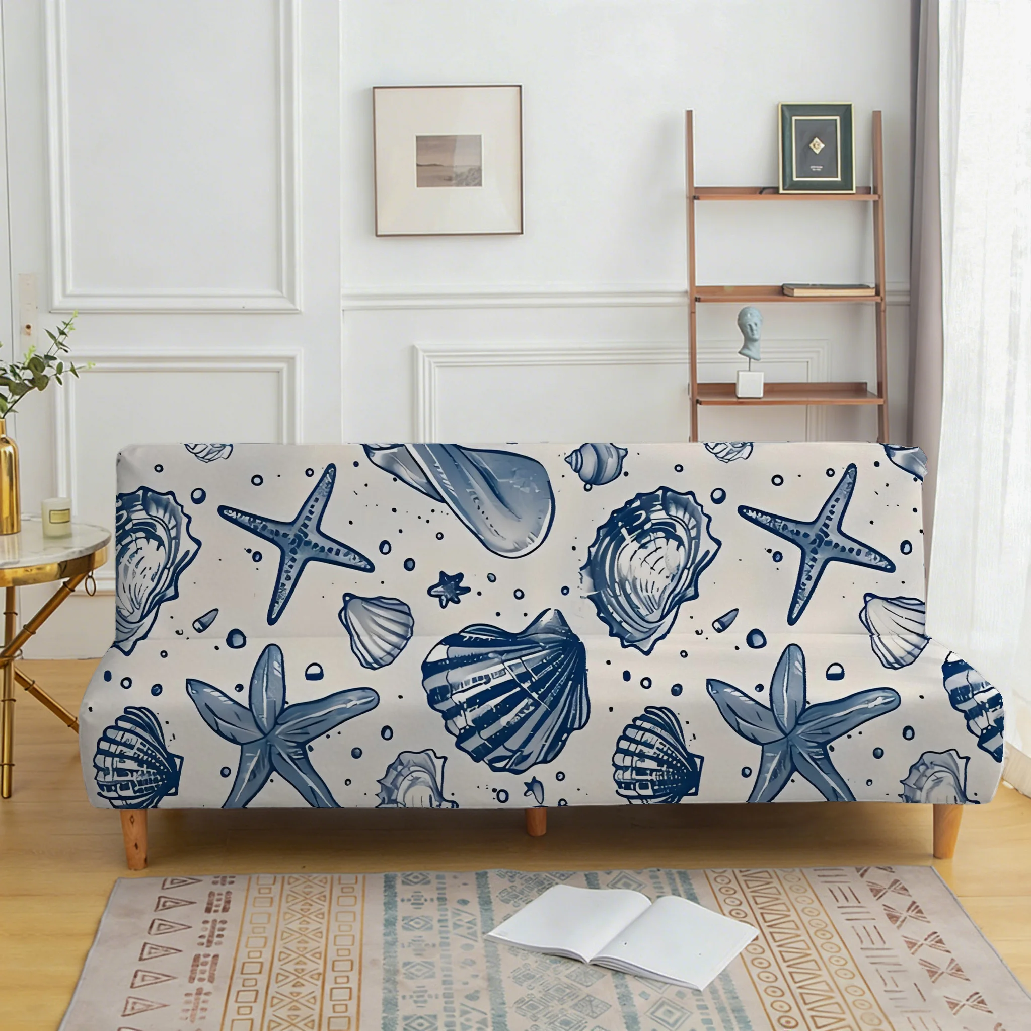 Ocean wind starfish shell sofa bedspread, elastic sleeveless sofa cover, dustproof and non-slip furniture protective cover