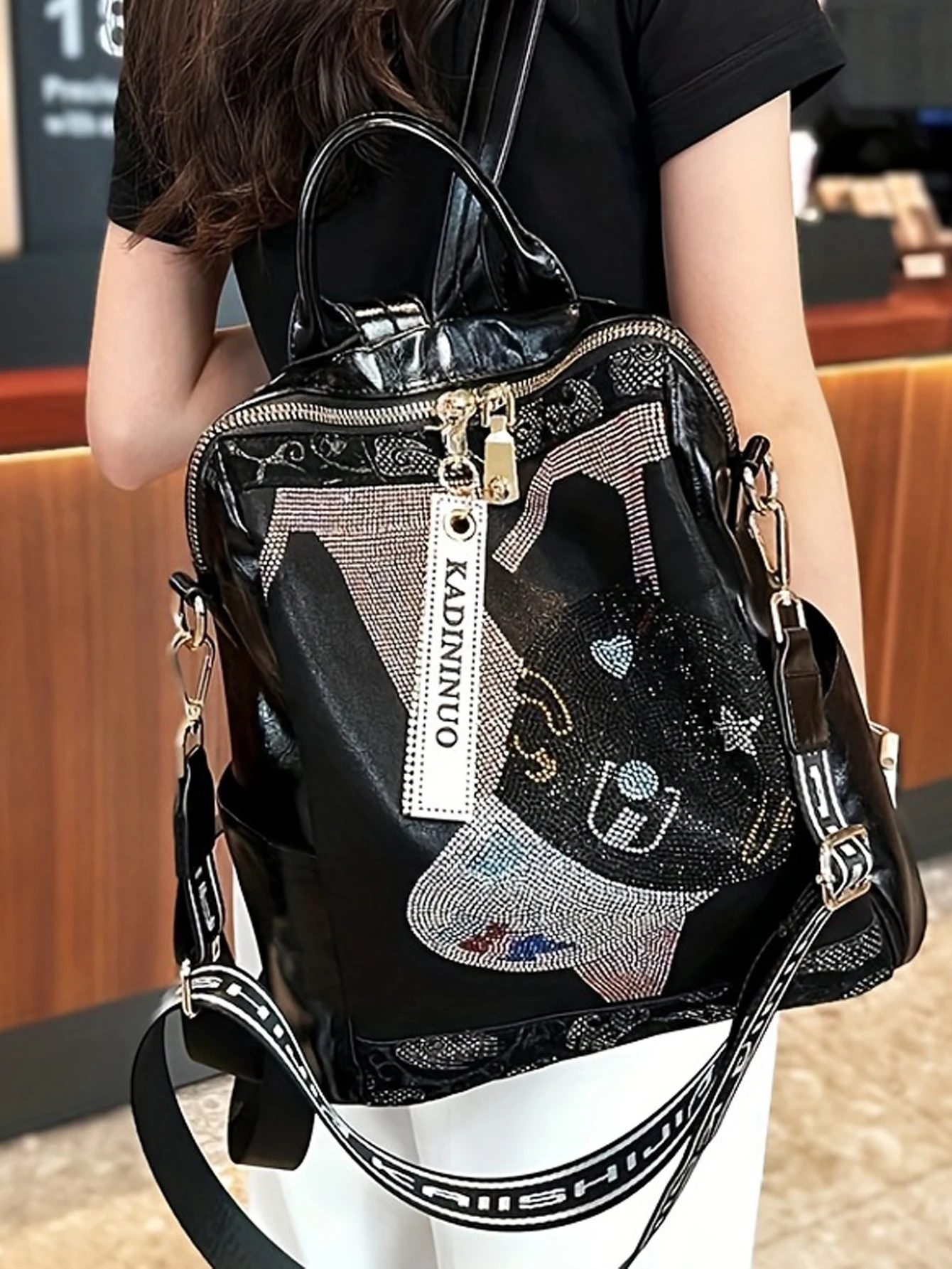 Fashionable and versatile backpack, new leather large capacity casual rhinestone shoulder bag
