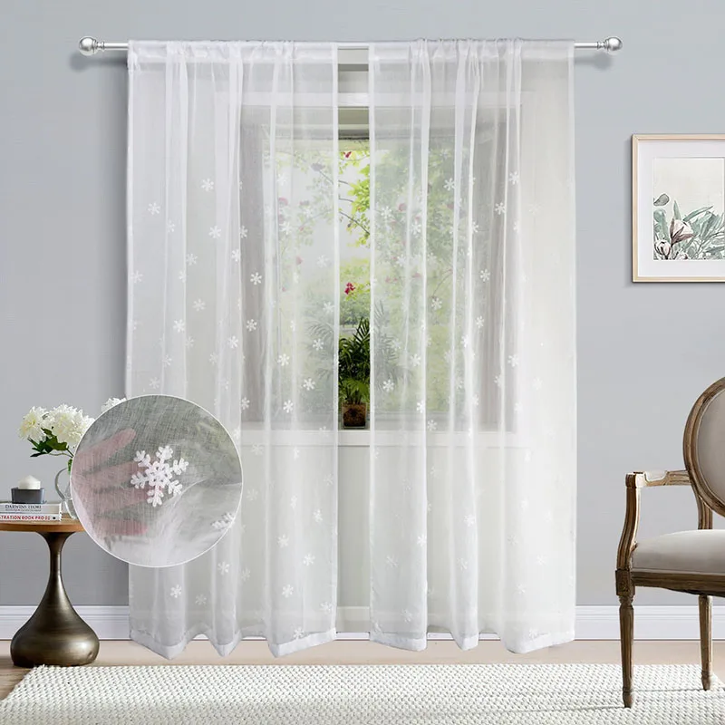 White Romantic Snowflake Embroidery Tulle Curtain Imitation Linen Transparent Window Screen For Living Room Bedroom and Kitchen