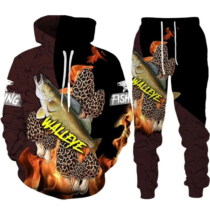 Setelan pakaian memancing ikan karper, setelan Hoodie dan pakaian jalanan Harajuku motif 3D kasual luar ruangan memancing berburu berkemah