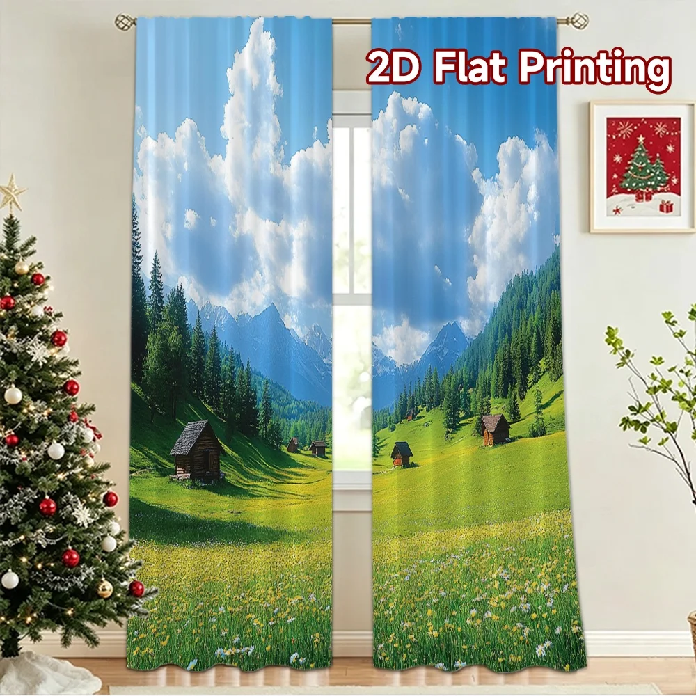 2D flat 2pcs Curtain French Romantic Style Mountain Meadow Cabins Digitally printed polyester, colorfast Festive Wall Decor