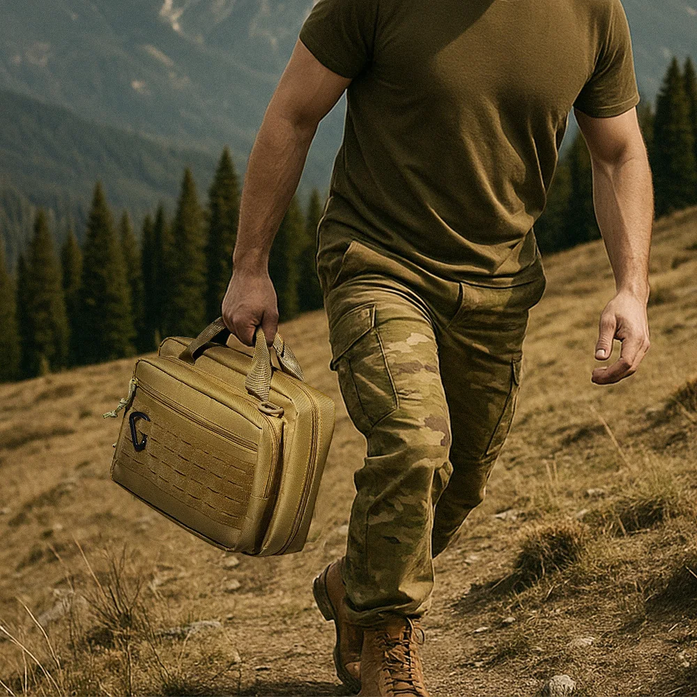 Tactical Polyester Rang Bag Webbing Adjustable Strap Double Zipper Pockets Portable Handgun Carry Pouch For Shooting Hunting Gun