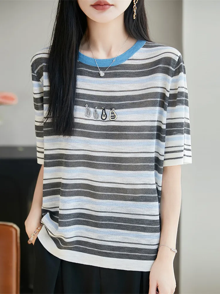 

Korean Style Fashionable Striped round Neck Bamboo Rayon Breathable Short Sleeve Women's Fun Embroidery Large Size Meat Conce...