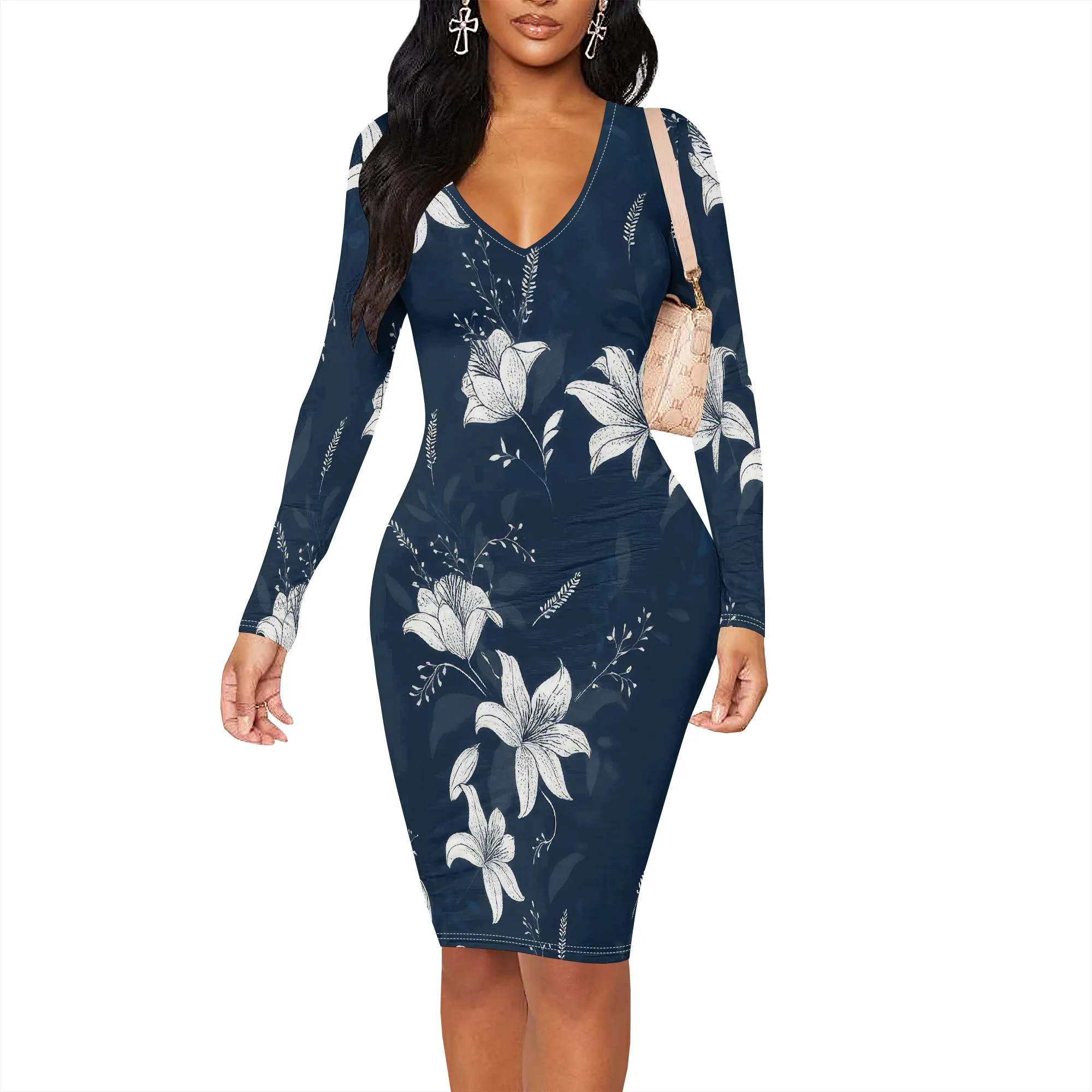 

Women's Bodycon Long Sleeve Sexy V Neck Wrap Dresses Fashion Casual African Print Flower Print Cocktail Club Party Dress