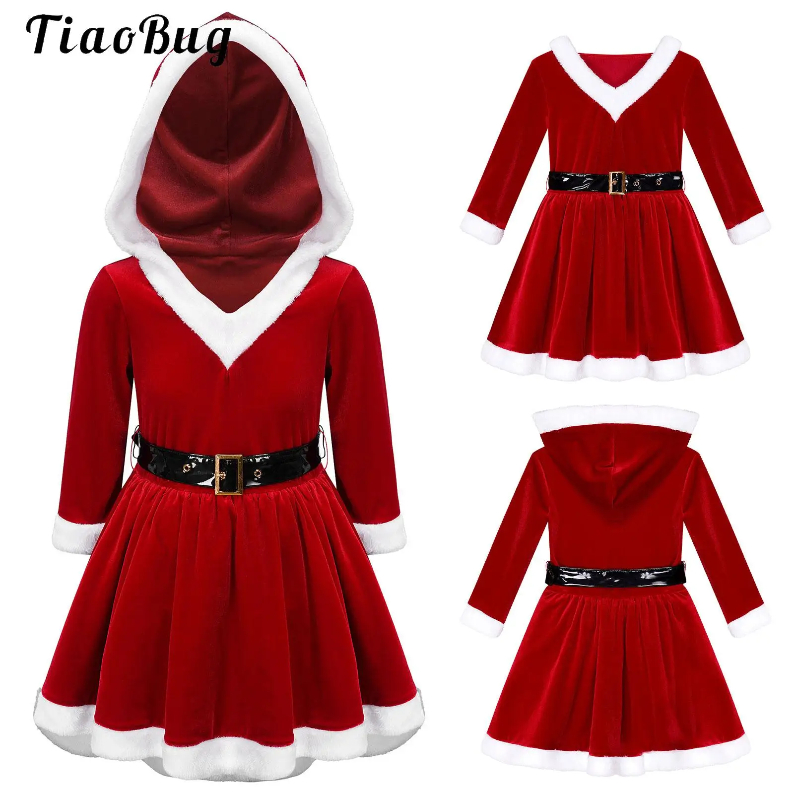 

Girls Christmas Santa Claus Costumes Children's Gifts Halloween Velvet Hoodie Santa Claus Sweetie Cosplay New Year Party Dress
