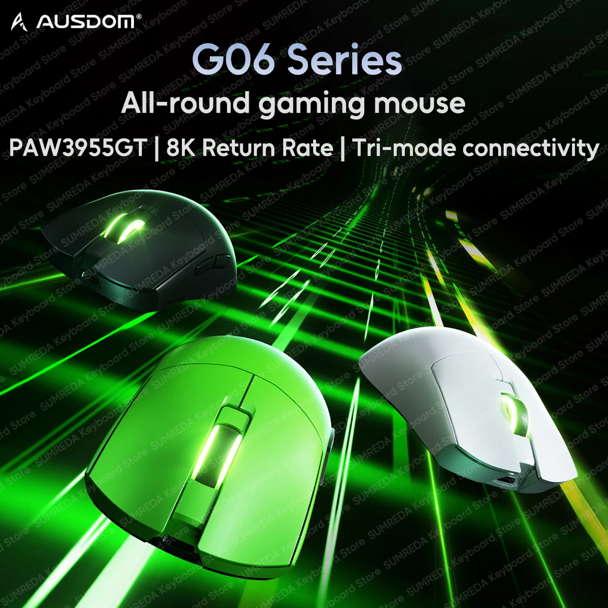 AUSDOM G06 Wireless Gaming Mouse PAW3950 PAW3955 54L15 Dual 8K 60000DPI Bluetooth 2.4G Wired Lightweight Ergonomics Gamer Mouse