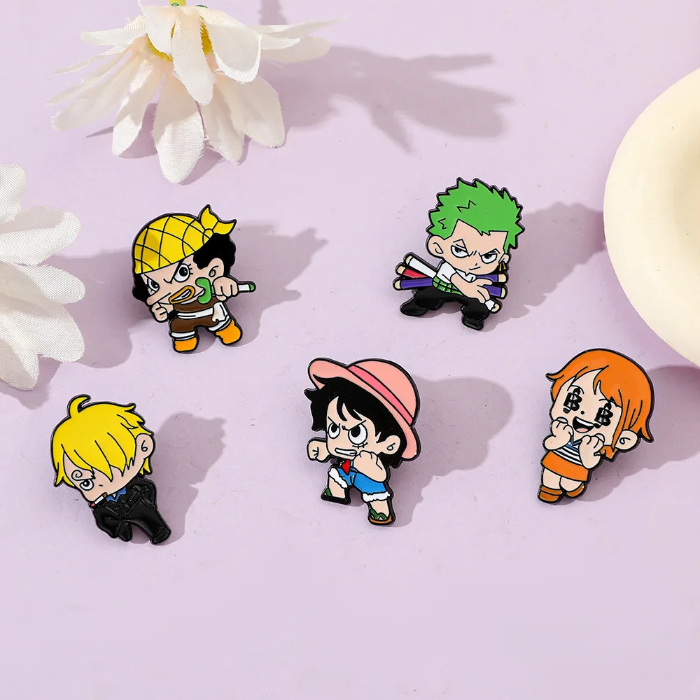 5 Pcs Cartoon Brooch Cute Monkey D. Luffy Roronoa Zoro Enamel Pin Metal Badge Jewelry Clothes Backpack Accessories Gift