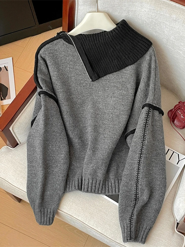 Women Grey Pullover Harajuku Zippersk Sweater Korean Y2k Long Sleeves Cashmere Sweaters Jumper Vintage 2000s Clothes Autumn 2024