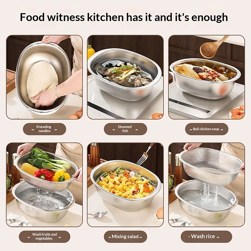 

Heavy Duty Stainless Steel Mixing Bowl, Dual Use as Dough Kneader & Drain Basket, Dishwasher Safe for Home & Commercial