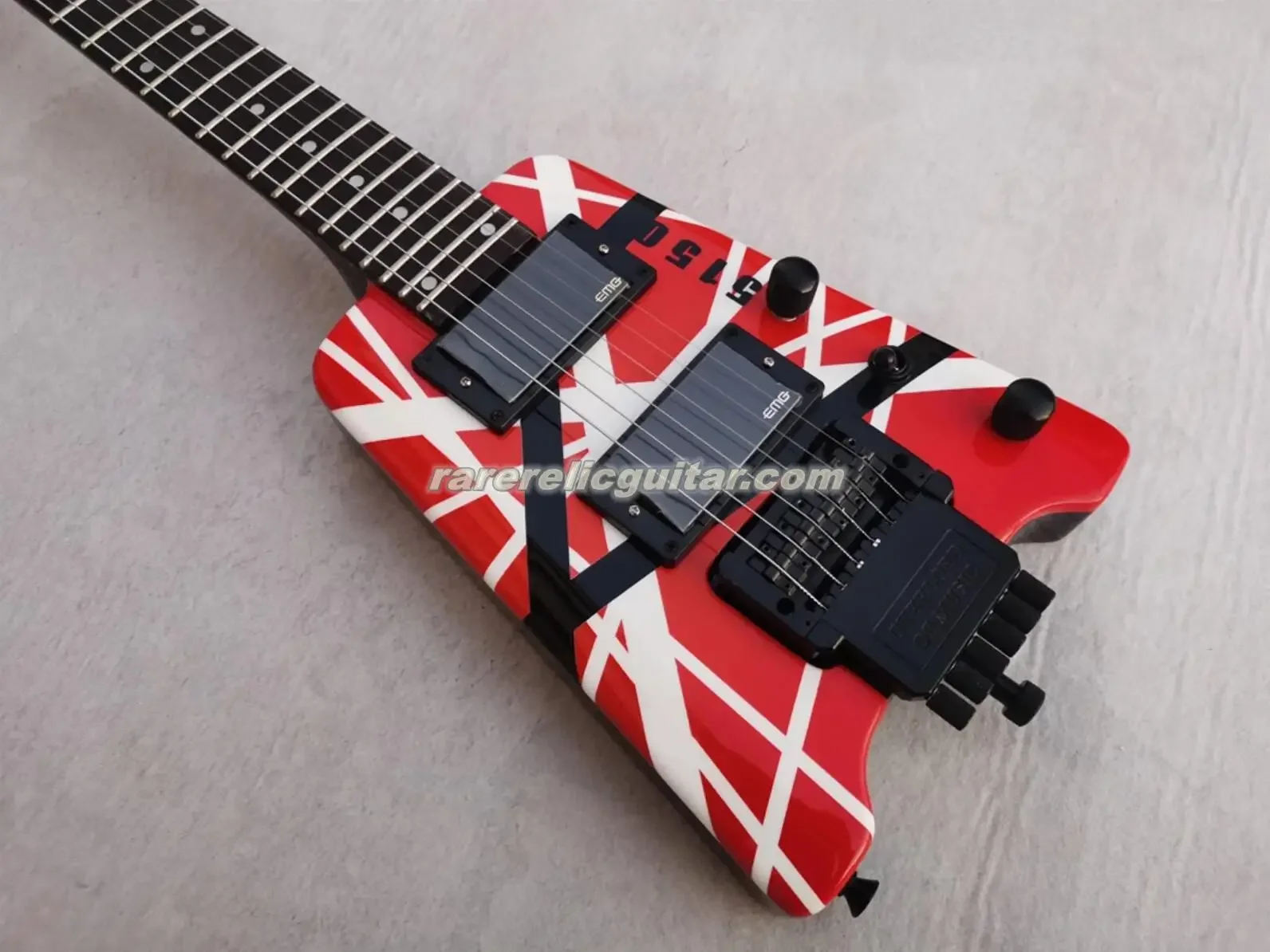 High Quality 550 Red White Black Headless Edward VanHalen Electric Guitar EMG Pickups Tremolo Bridge Black Hardware