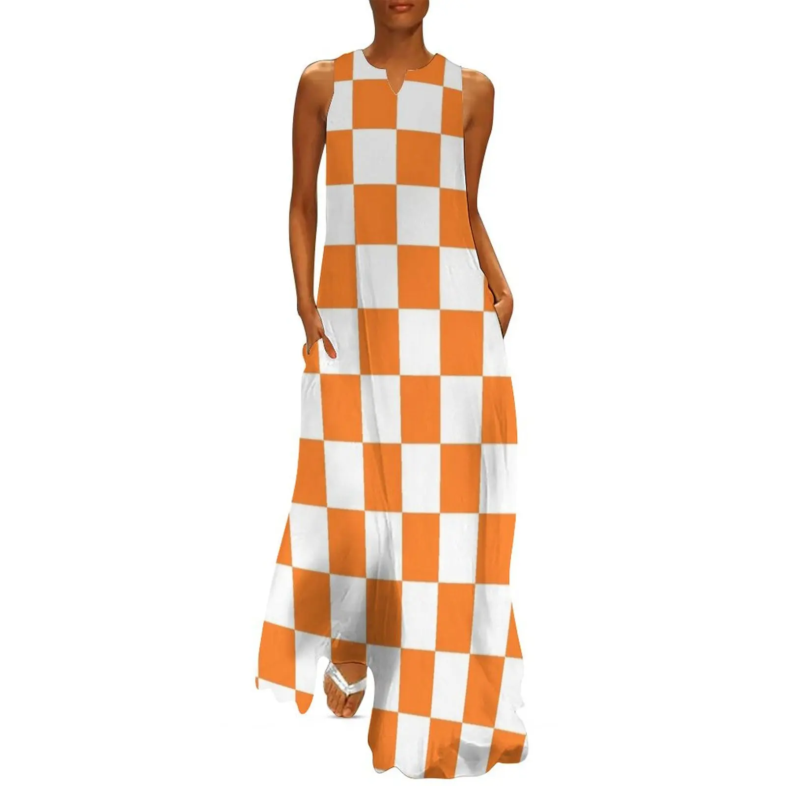 

Checkered Orange and White Long Dress dress for women Woman"s evening dress