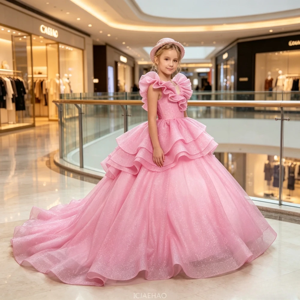 Pink Sleeveless Princess Flower Girl Dress Long Train Wedding Gown Kids Birthday Gown European Style Party Piano Pageant Ball