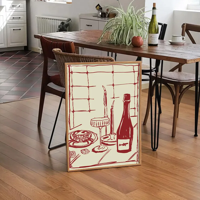 Línea roja, copas de vino pintadas a mano y cubiertos, póster artístico, vino y cangrejo, pintura moderna en lienzo de comida, arte de pared para Bar de cocina