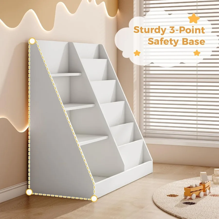 6 Tier Wooden Bookshelf and Toy Storage for Nursery Playroom and Classroom Toddler Book Rack with Multiple Shelves for Organizi