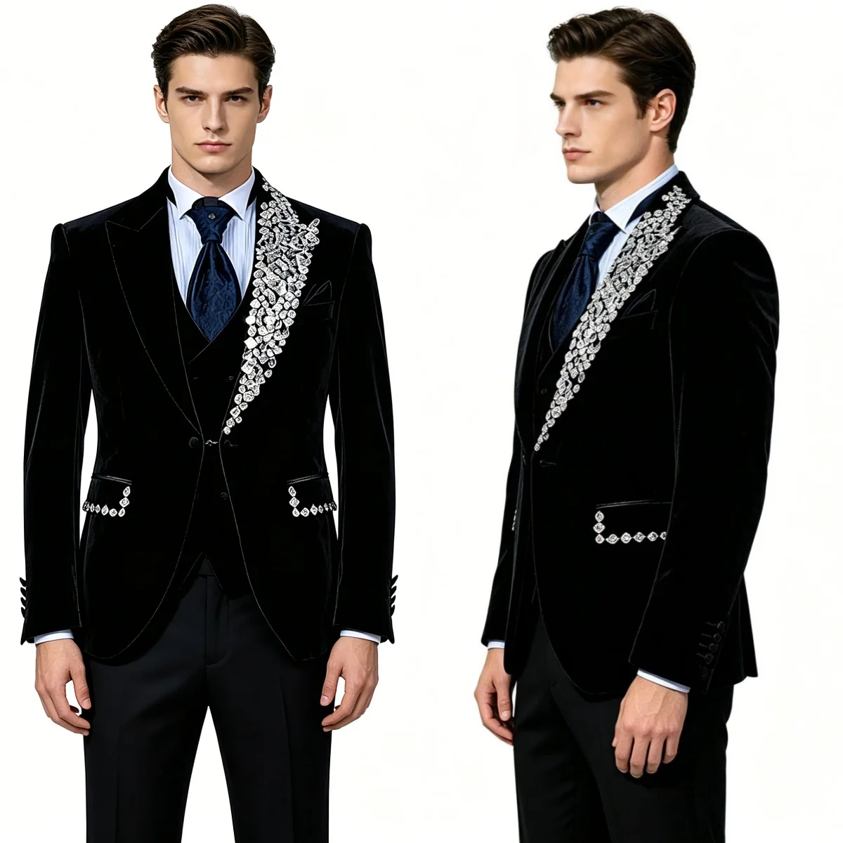Trajes de boda formales de terciopelo, conjunto de 2 piezas, talla grande para hombre, traje con chaqueta de solapa puntiaguda de cristal, pantalones, blazers de noche para novio, personalizados