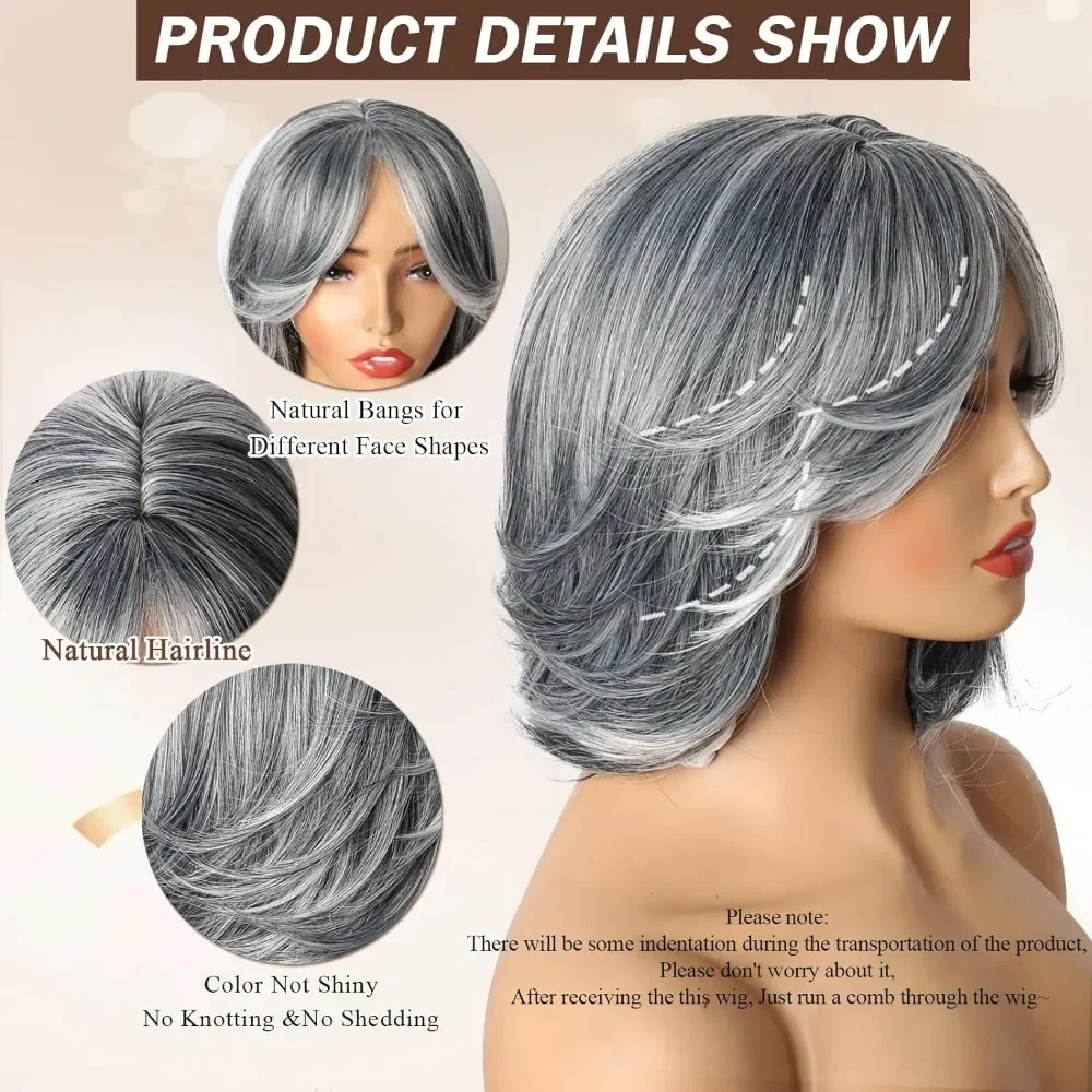 Silver Wig Grey Ombre Women\'s Wig with Curtain Bangs Synthetic Highlights Grey Bob Short Hair Silver Multi Layered Wig with Bang