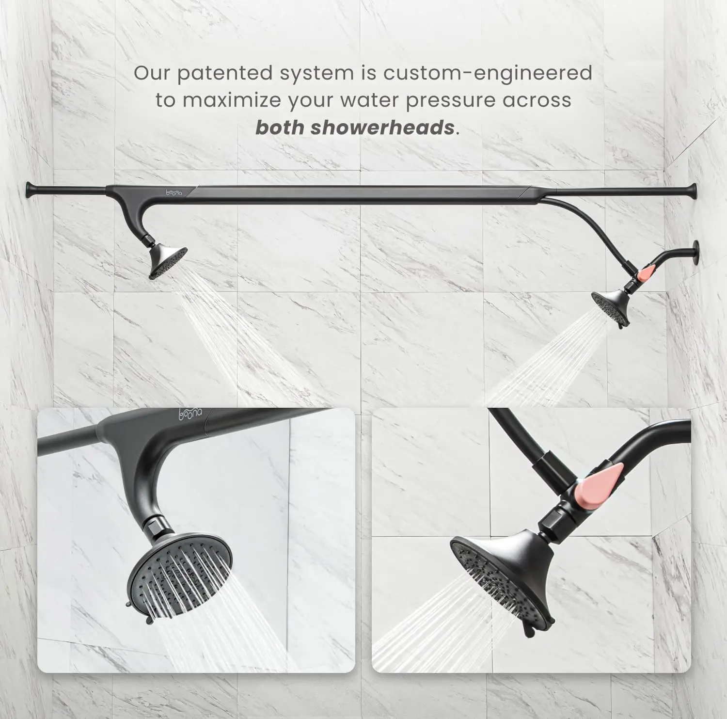 Tandem Shower- Dual Shower Head for Couples, High Pressure Double Shower Heads with 3 Flow Settings