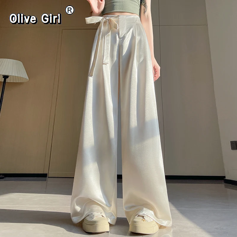 بنطلون نسائي عالي الخصر أنيق من الساتان واسع الساق كامل الطول سروال وشاحات 2026 برباط عالي الخصر بنطلون فضفاض غير رسمي أنثى #3