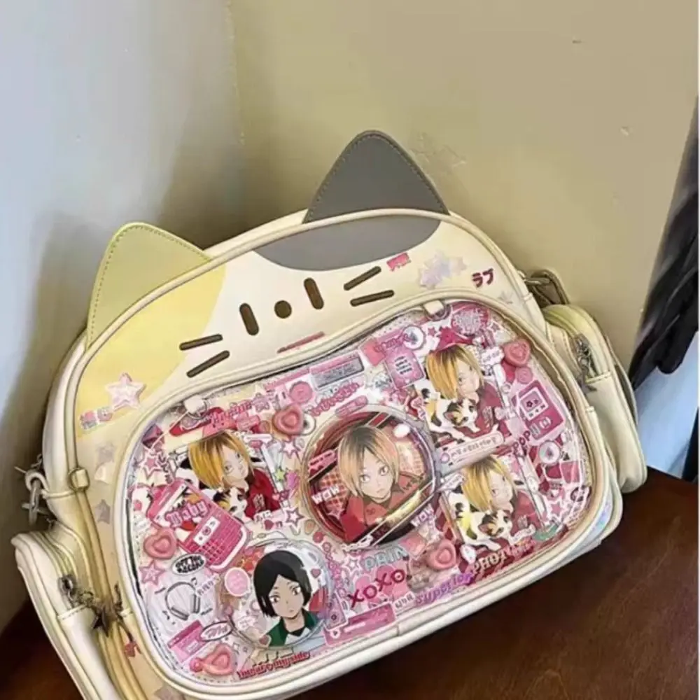 Saco de zíper kawaii gato itabag pu ídolo mercadorias armazenamento bolso transparente saco de armazenamento de algodão boneca moda mochilas menina