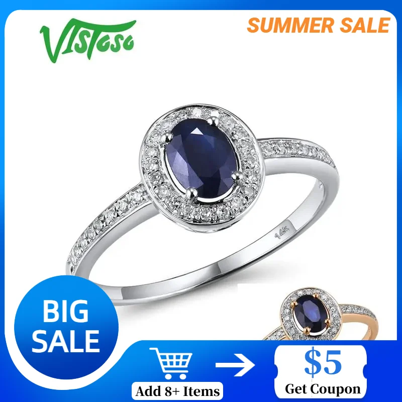 

VISTOSO 14K White Gold Rings For Women Genuine Sparkling Diamond Fancy Blue Sapphire Engagement Anniversary Unique Fine Jewelry