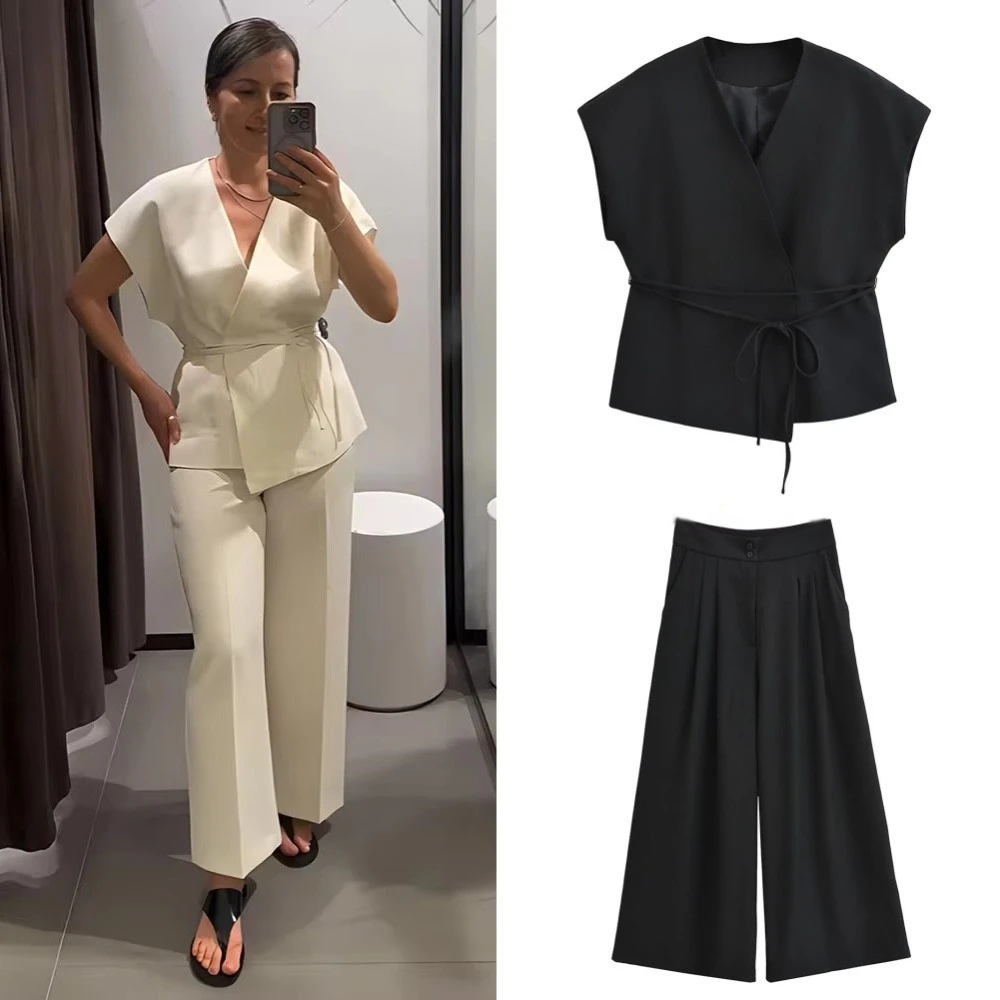 

Summer Women Suits Asymmetric Tied Waisted Blouse V-Neck Linen Shirt Tops+High Waist Pockets Casual Streetwear Wide Leg Pant