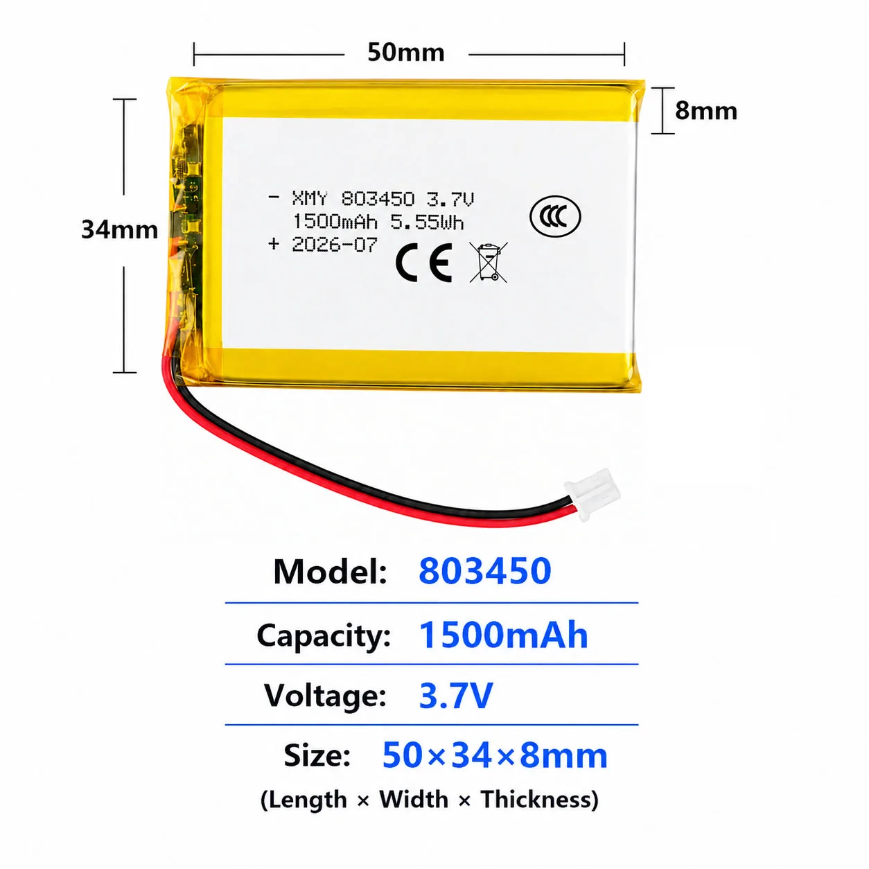 803450 3.7V 1500mAh Polymer Lithium Rechargeable Battery for Camera GPS Navigator MP5 Bluetooth Headset,Interphone,PH2.0 Plug