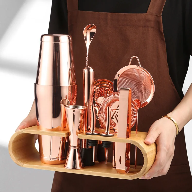 Cocktail Shakers Stainless Steel Bartender Kit Rose Gold Boston  10-Piece Cocktail Mixer Bar Tools Set with Stand