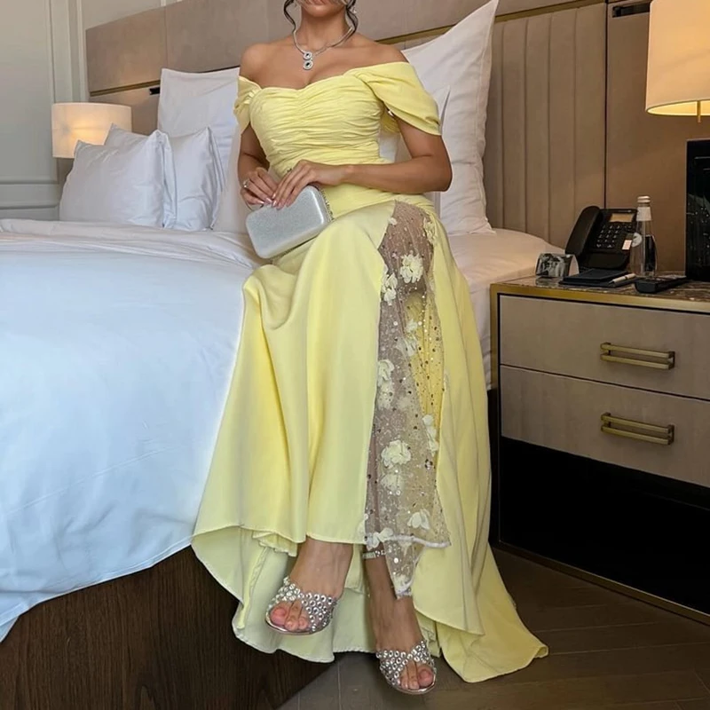 女性のための花柄のレースのイブニングドレス,足首の長さ,裸の肩,シンプルでエレガントなウエディングドレス,黄色