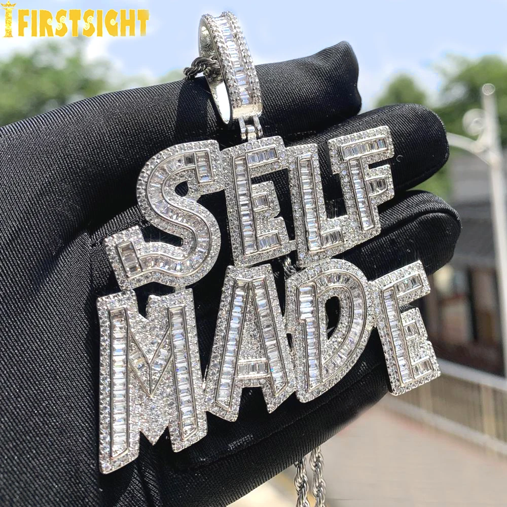 New Iced Out Bling Full 5A Zircon Letter Self Made Pendant Necklace Rectangle CZ Cursive Charm Men Fashion Hiphop Jewelry