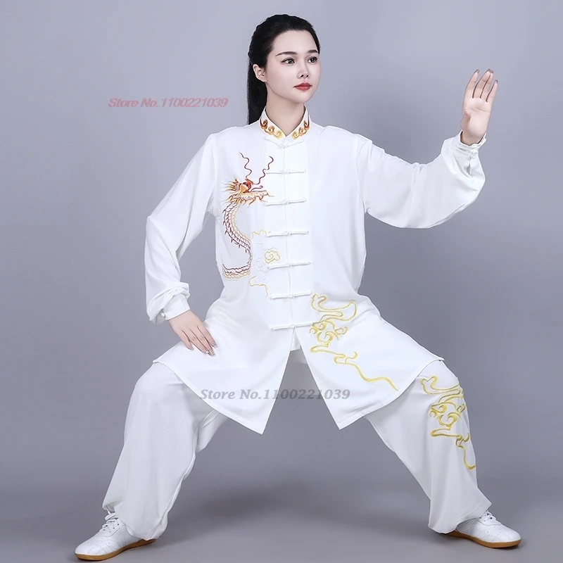 2024 chinese tai chi wushu uniform dragon embroidery morning exercise tops+pants set tai chi kung fu training exercise suit