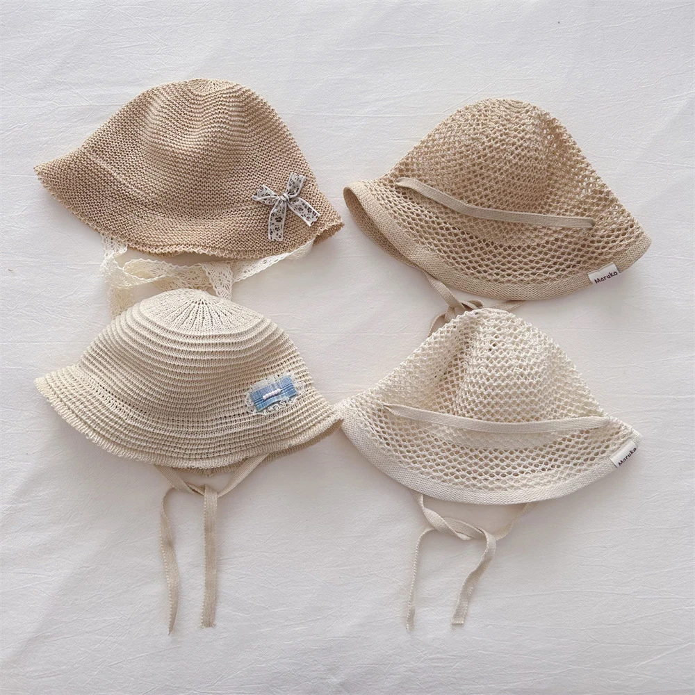 

2026 New Summer Kids Sun Hat Sweet Lace Bow Girls Straw Hat with Straps Beach Vacation Children Breathable Fisherman Hat