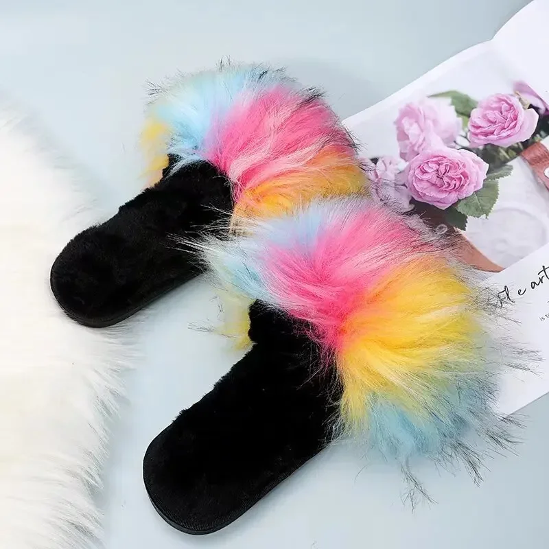 Fashion Leisure Slippers Women New Slides Casual Flat Low Heels Shoes for Women Solid Mixed Colors Furry Fur Slippers Plus Size