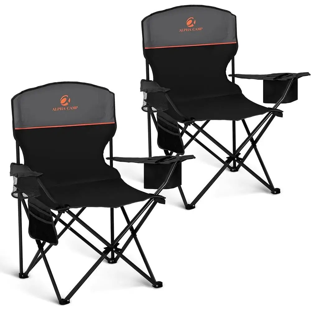 Portable Camping Chair Set 2 Pack Folding Chair with 4-Can Cooler Side Pocket Cup Holder Lightweight Collapsible Outdoor Seating