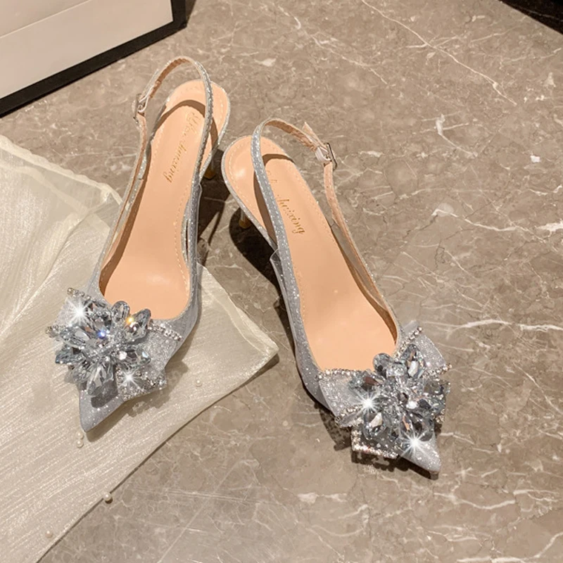 Lady Sandals Stiletto Heels Pointed Toe Celebrity Temperament Silver Rhinestones Glass Flowers Sequins Cinderella Wedding Shoes