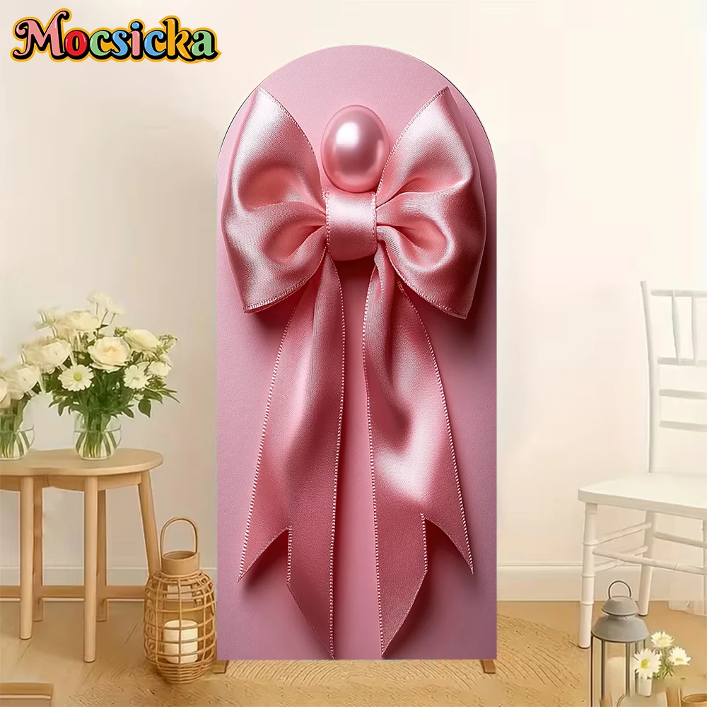 

Mocsicka Pink Bow Arch Background Covers Double-Sided Baby Shower Girl Arched Backdrop Wedding Birthday Decorations Studio Props