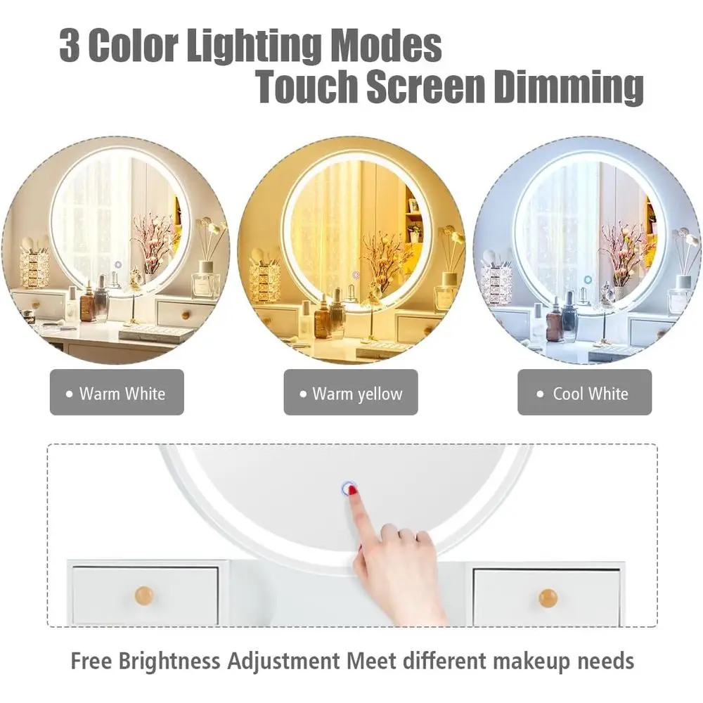 CHARMAID Vanity Set with Lighted Mirror, 3 Color Touch Sn Dimming Mirror, Adjustable Brightn, Bedroom Makeup Dring Table with 4