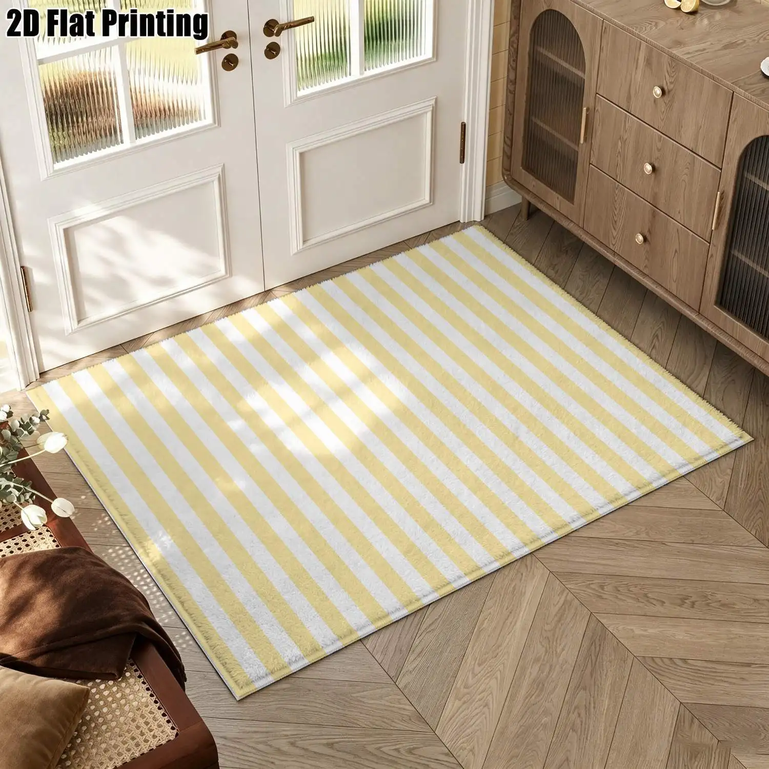 1Pc 2D Printed Yellow Striped Geometric Nordic/Instagram Style Minimalist Carpet, Machine Washable, Multi-Size, Home Decor Mat for Entrance, Dining, Foyer, Bedroom, Living Room
