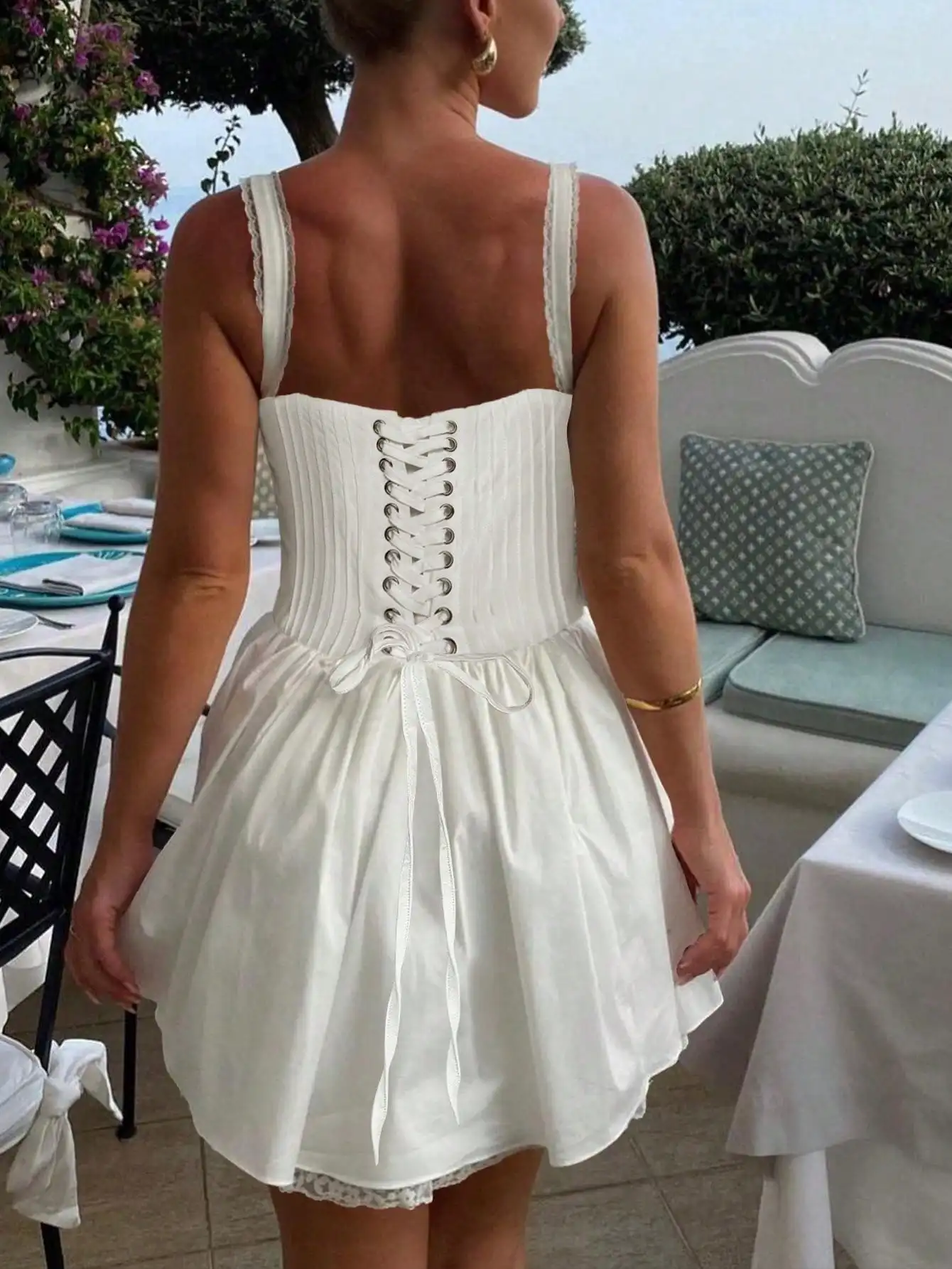 Women's Sexy Sweetheart Neck Sleeveless Tie Front Lace Trim A Line Party Mini Dress